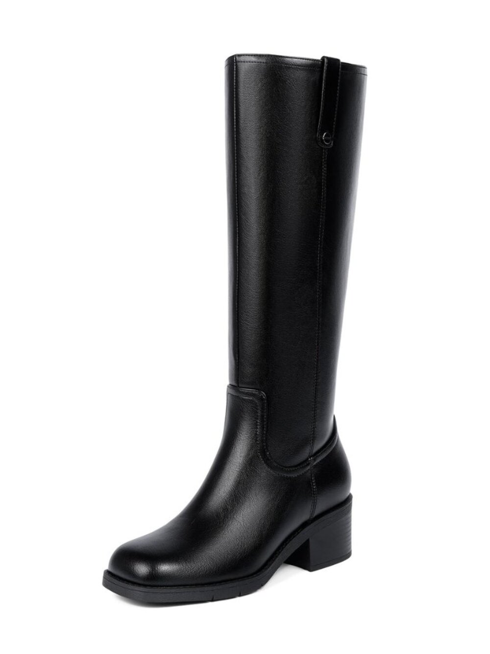 Knee High Chunky Heel Square Toe Metal Rivet Pull Tab Riding Boots